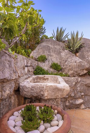 A rock garden with succulents, a water feature, and a clear blue sky. - Charming 4-Bedroom Stone Villa with Pool & Garden, 15 Min to Dubrovnik (Knežica)