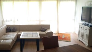 Una sala de estar con sofá, mesa de centro, televisor y aparador.
