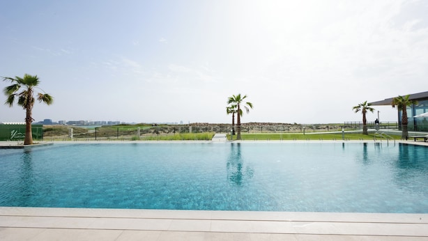Una piscina con palmeras, cielo despejado y un horizonte urbano a lo lejos.