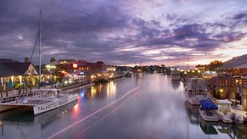A marina with boats docked, a calm waterway, and buildings with lights along the shore.