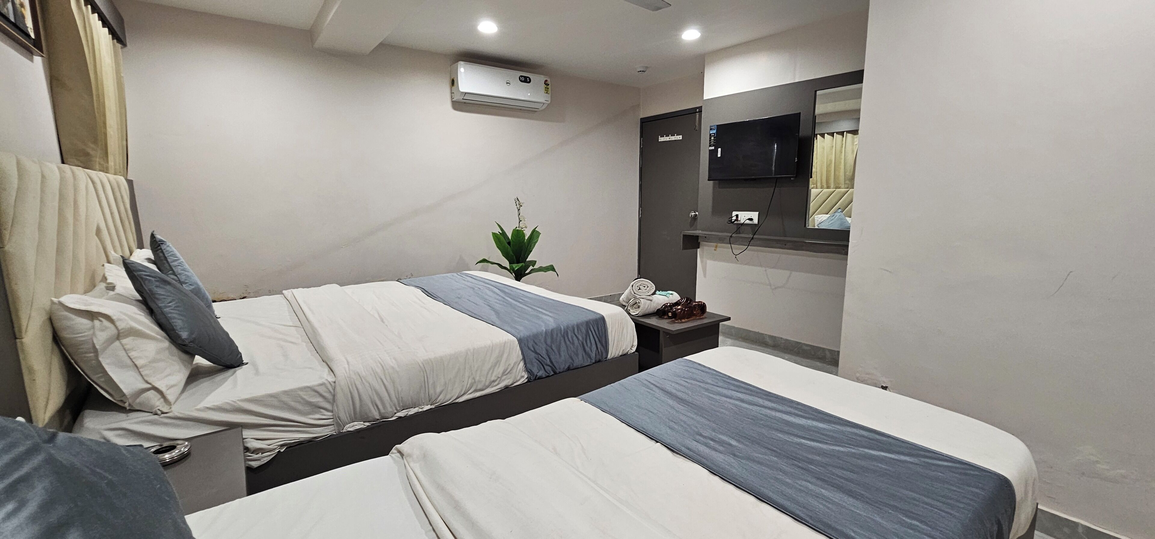 A hotel room with two beds, a flat-screen TV, an air conditioning unit, a small bedside table, and a potted plant.