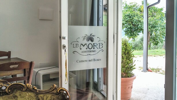 A room with a patterned sofa, a door with a sign reading 'LE MORE AGRITURISMO Camere nel Bosco,' and a view of greenery outside.
