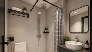 A modern bathroom with a shower, toilet, and sink. - Centraltique Passage Living (Hanoi)