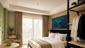A hotel room with a bed, a desk, a chair, a dining table, and a wardrobe. - Centraltique Passage Living (Hanoi)