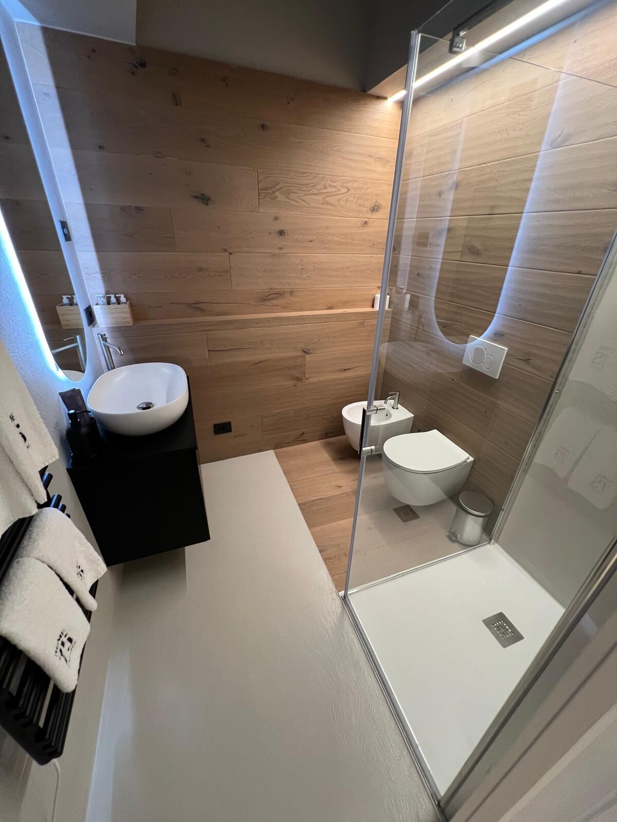A modern bathroom with a glass shower enclosure, a white sink, and a toilet.