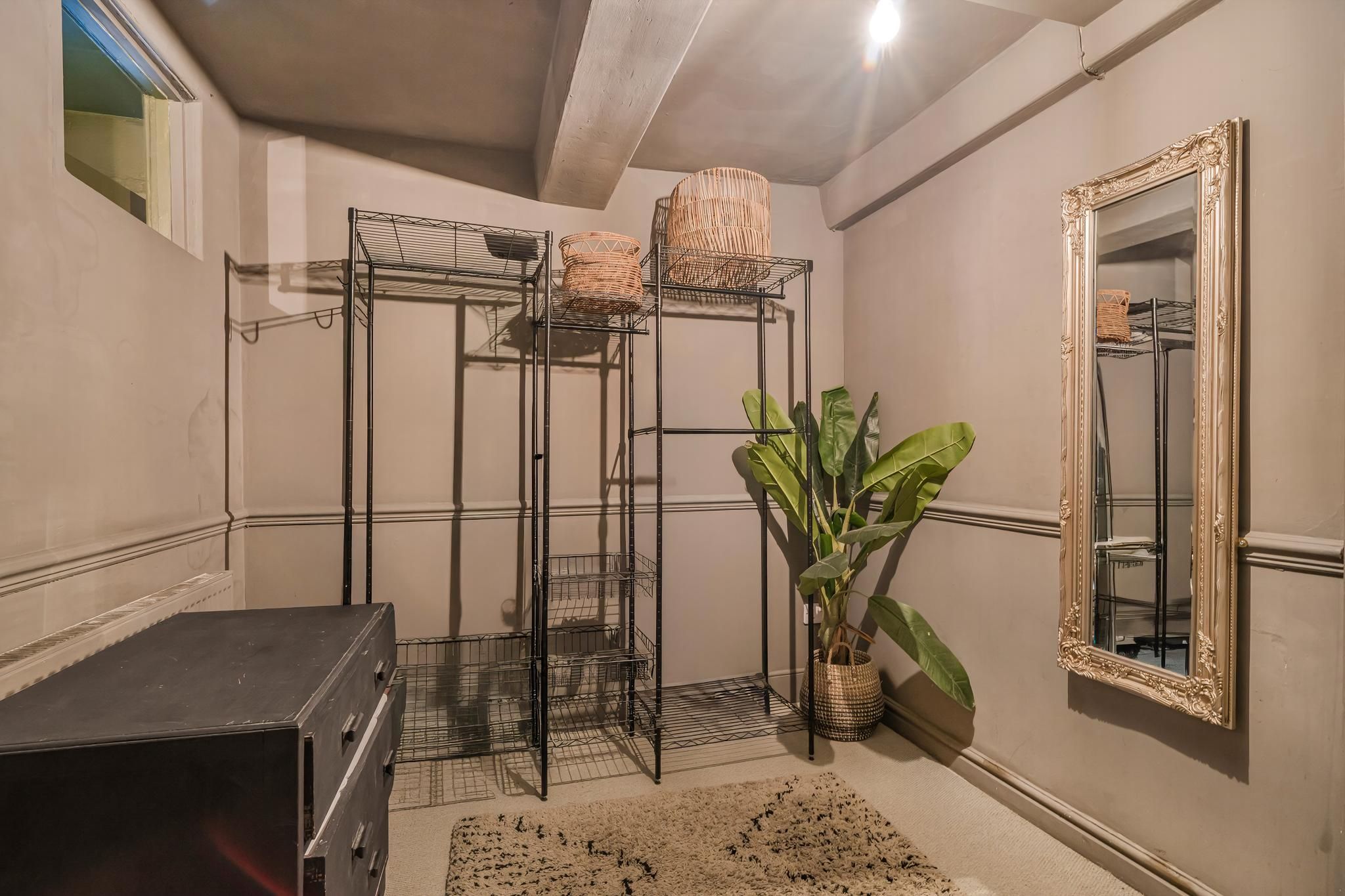 A room with a metal shelving unit, a mirror, a potted plant, and a dresser.