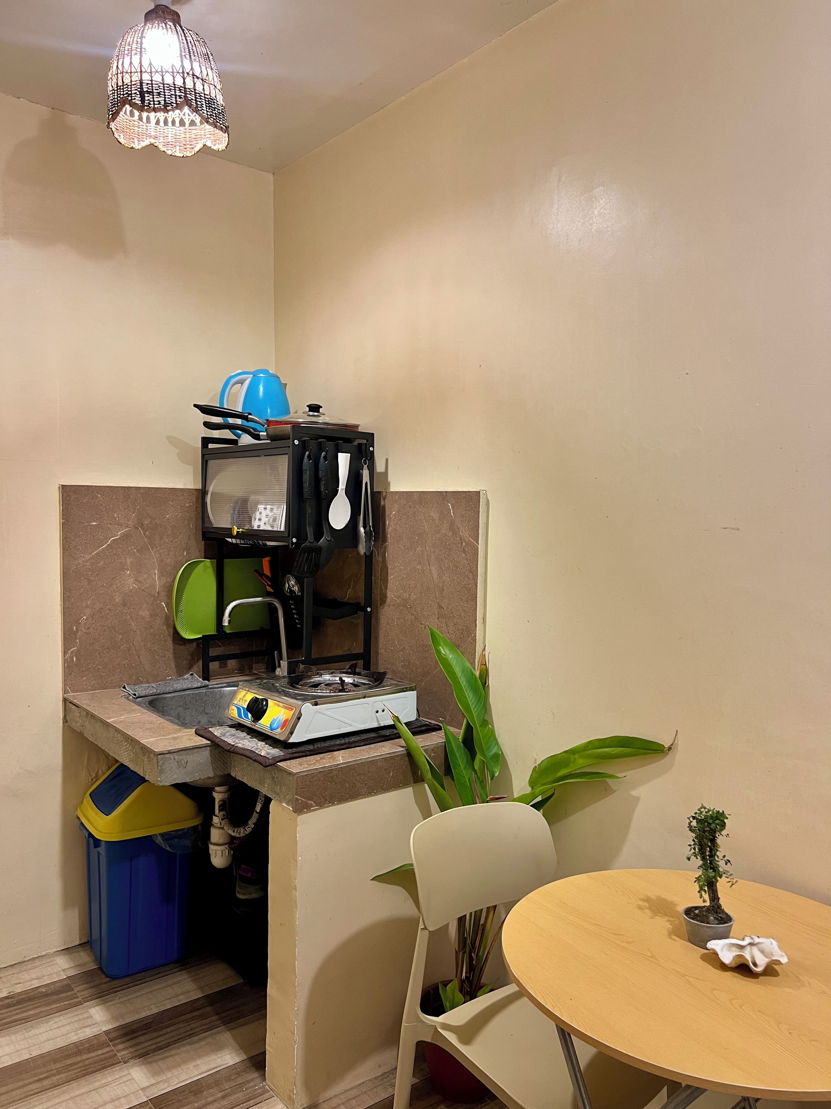 A compact kitchen with a gas stove, a sink, a small dining table, and a potted plant.