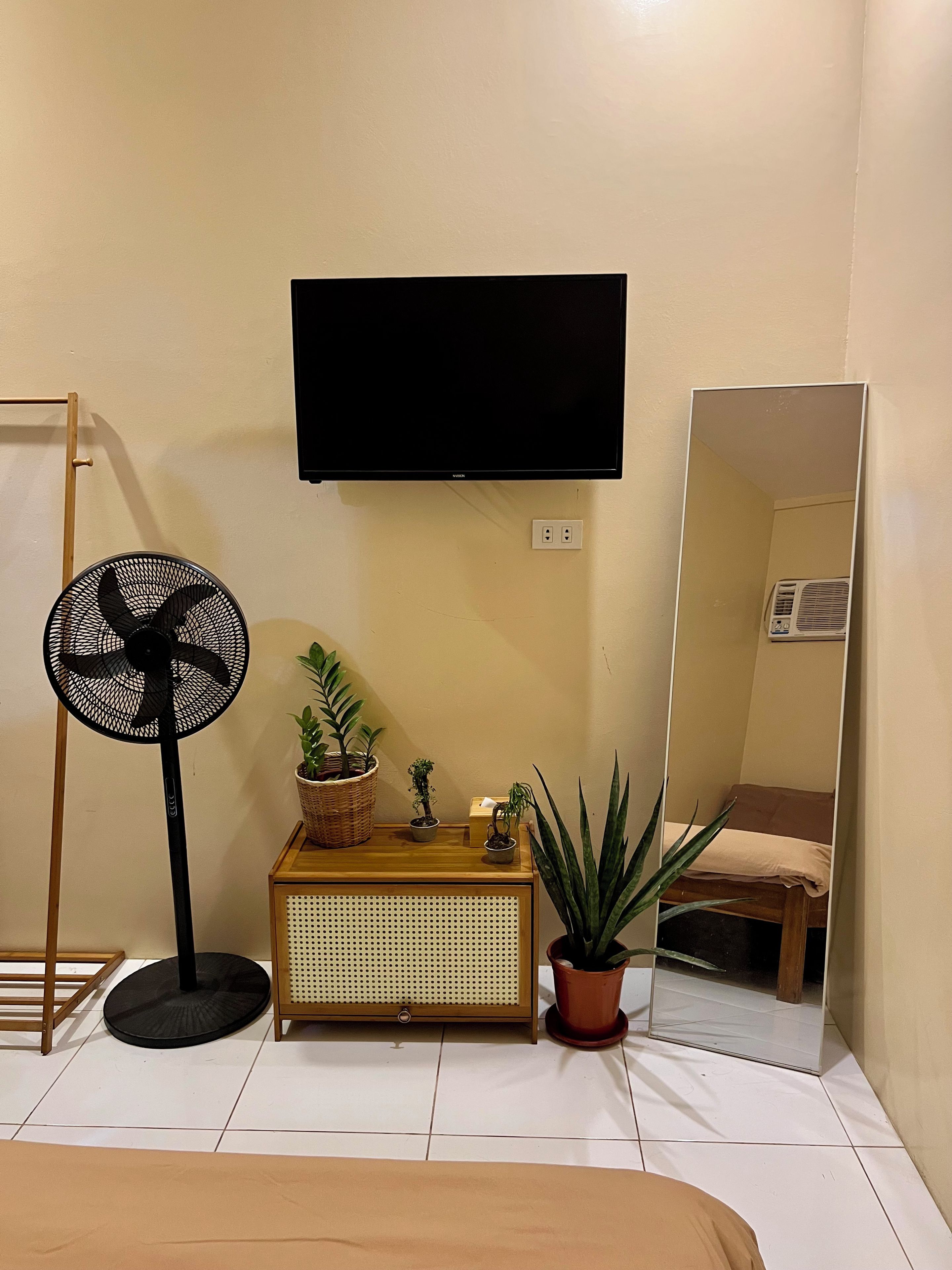 Une pièce comprenant un lit, un ventilateur sur pied, une télévision, un miroir et plusieurs plantes en pot.