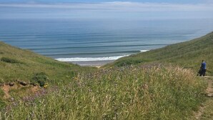 Ett kustlandskap med en gräsklädd förgrund, en person som står på en stig och en utsikt över havet.