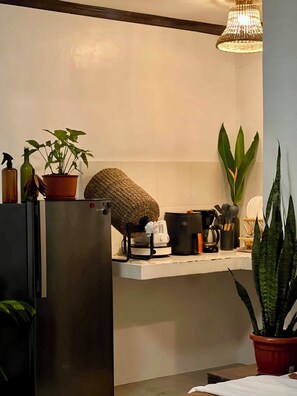 Una cocina con un refrigerador, una cafetera, un lavamanos y varias plantas en macetas.