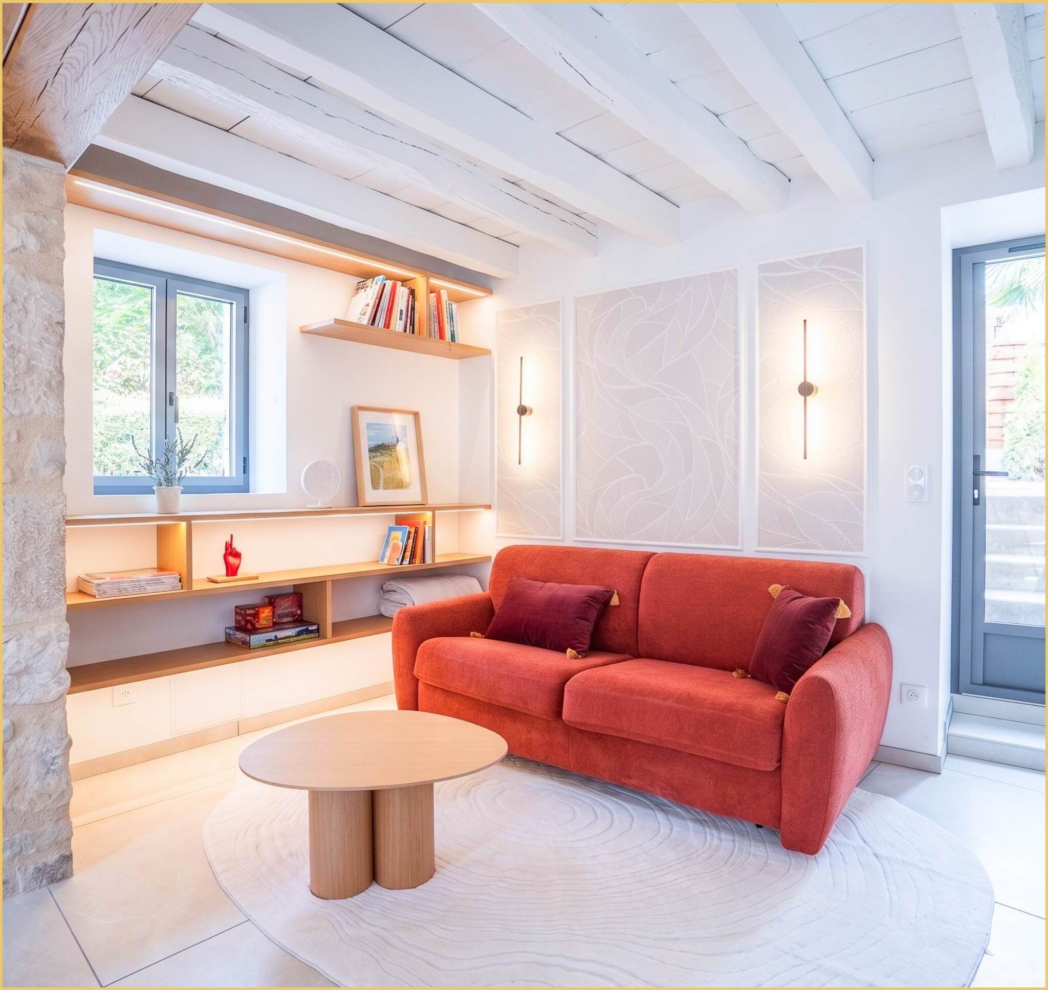 A modern living room with a red sofa, a round coffee table, and built-in shelving with books and decorative items.