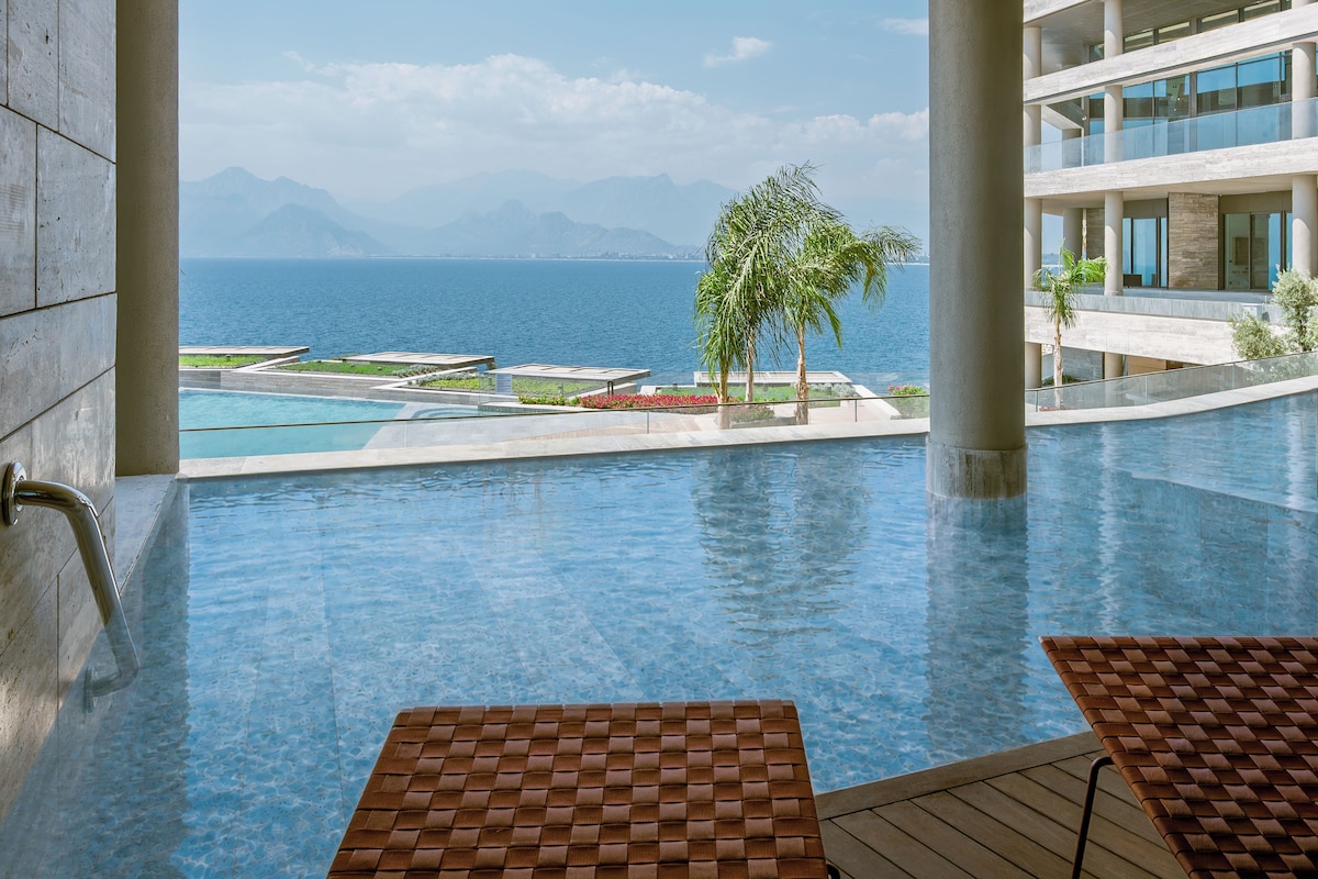 A pool area with a view of the sea and mountains, a palm tree, and a modern building structure.