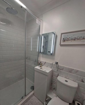 A bathroom with a glass-enclosed shower, a white sink, and a toilet.