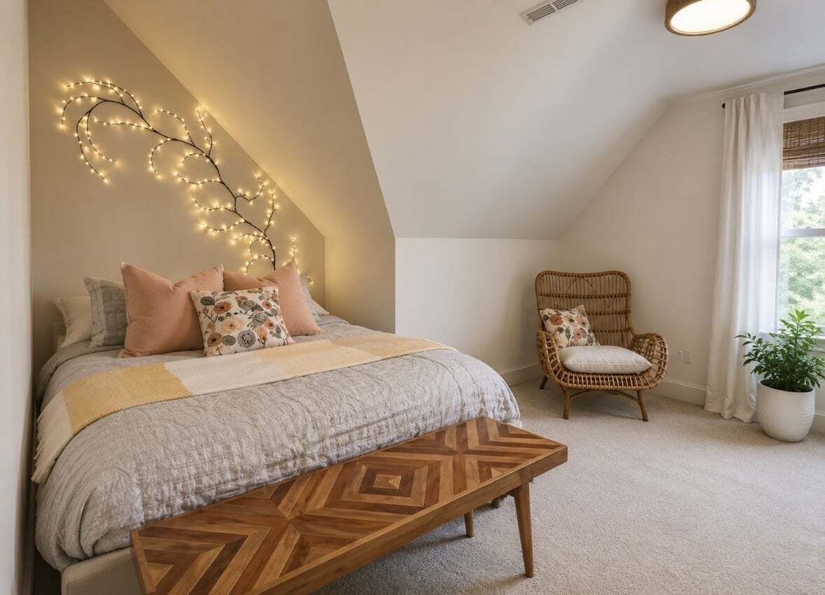 A bedroom with a bed, a bench, a wicker chair, a potted plant, and string lights on the wall.