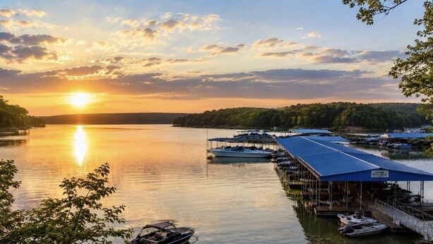 A marina with boats docked, a dock with a covered area, and a sunset over water. - Luxury Lake Living- Pool , Fire Pit, Amenities 5 Bedroom Home (Winchester)