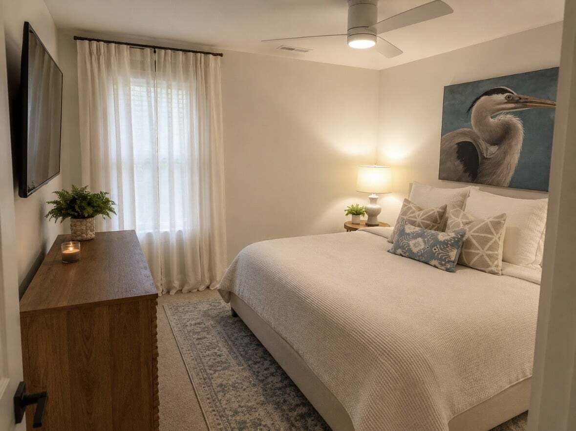 Un dormitorio con cama, mesita de noche, lámpara, cuadro, ventana con cortinas y ventilador de techo.