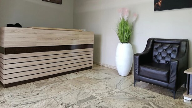 A reception desk, a black leather chair, a large vase with green plants, and three framed artworks on the wall. - Vogue Hotel (Karu)