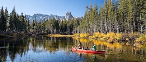 Un lago tranquilo con un canoa roja, rodeado de un bosque denso y montañas al fondo.