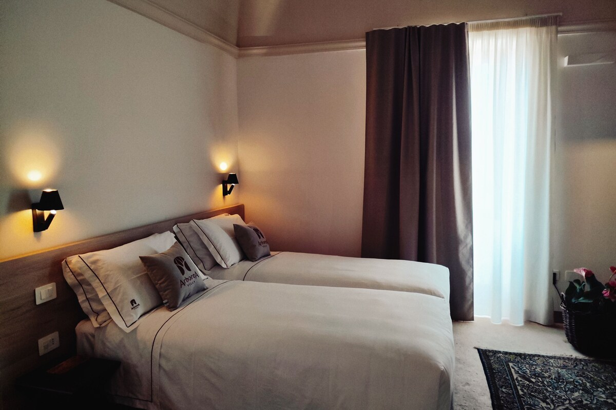 Habitación Deluxe con 2 camas individuales, baño privado, vistas al jardín | Minibar, caja fuerte, cortinas opacas y sistema de insonorización