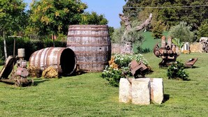 Um cenário campestre rústico com barris antigos, um trator vintage e diversos equipamentos agrícolas.