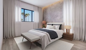 Ropa de cama de alta calidad y espacio para trabajar con laptop