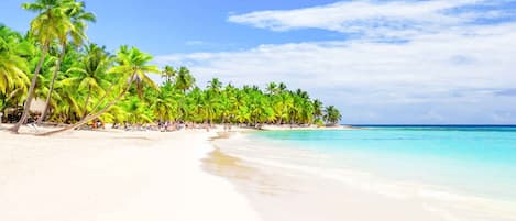On the beach, white sand, sun loungers, beach umbrellas