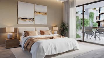 Apartment, 2 Bedrooms, Pool View | Premium bedding, laptop workspace, blackout drapes, iron/ironing board
