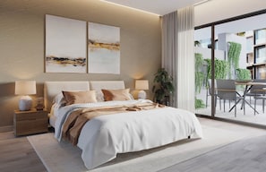 Ropa de cama de alta calidad y espacio para trabajar con laptop