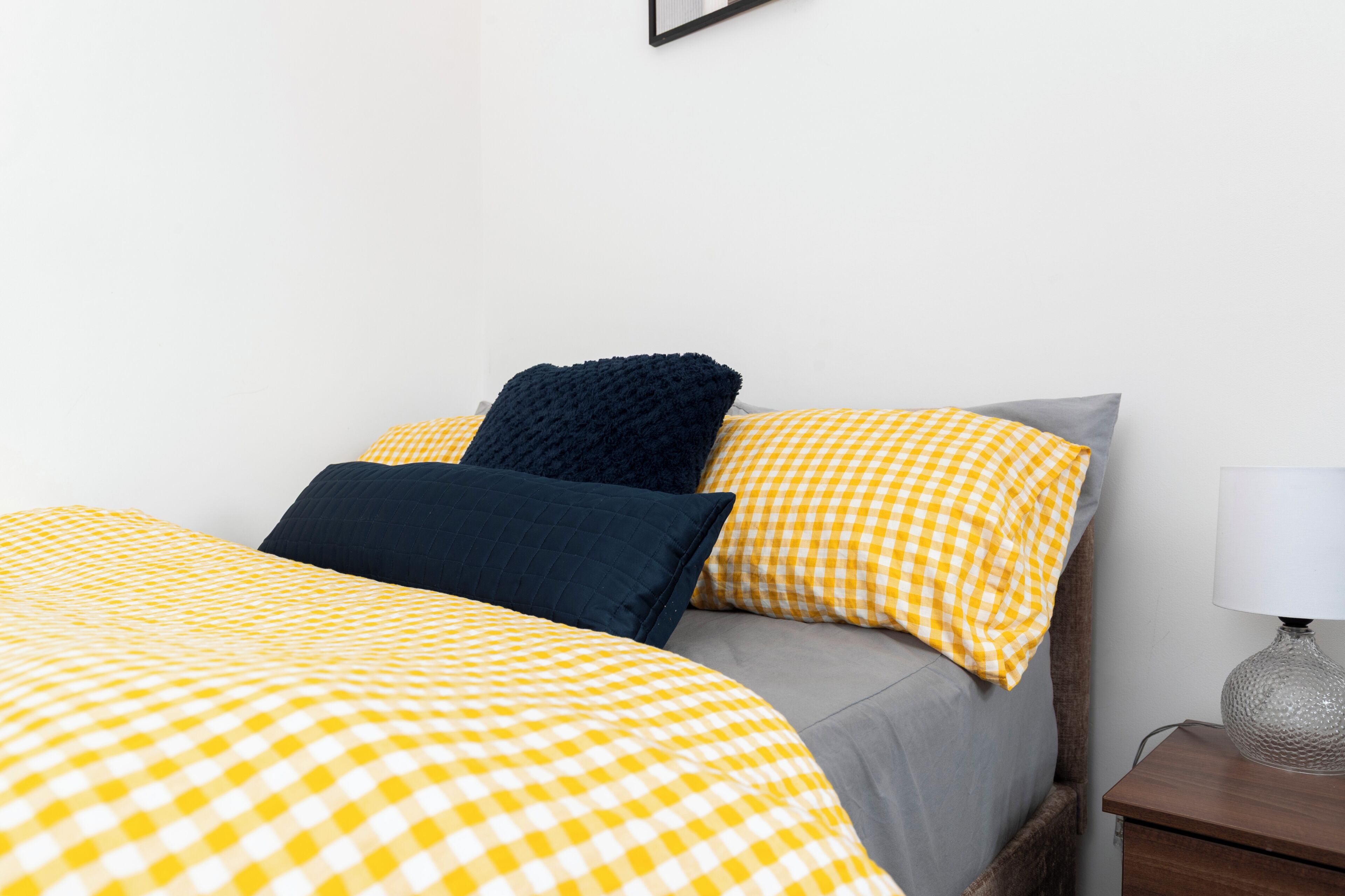 A bed with checkered bedding, a dark pillow, and a lamp on a bedside table.
