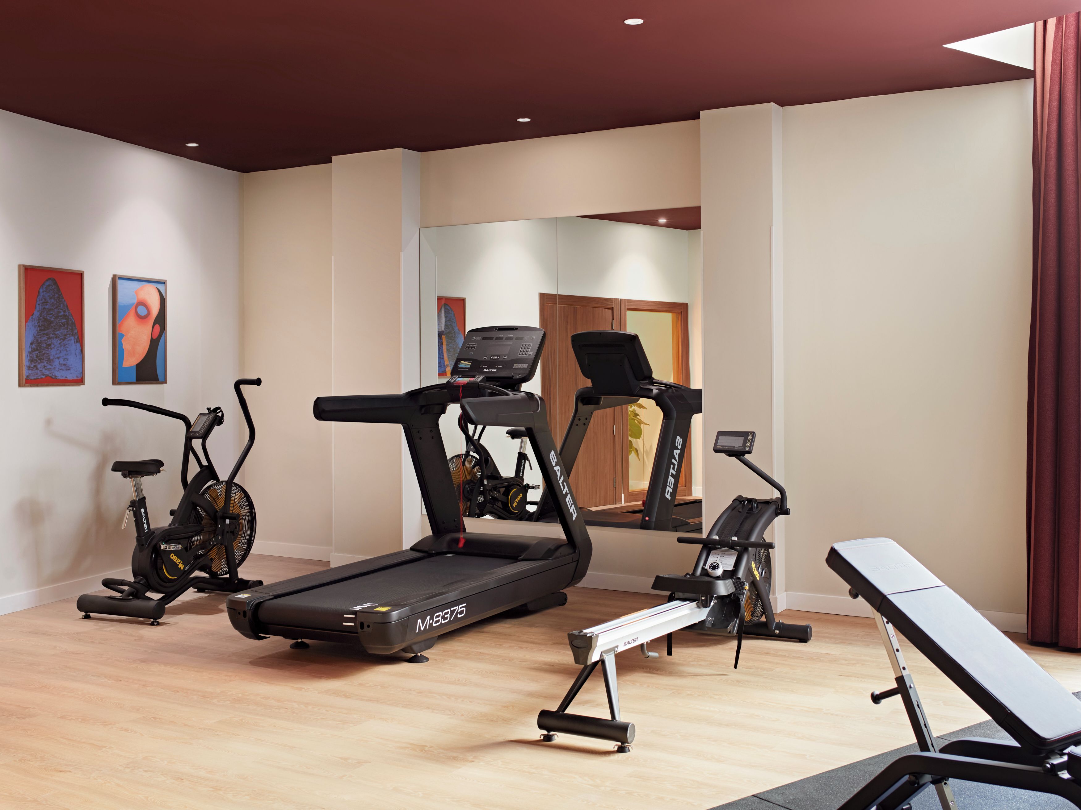 A home gym with treadmills, an elliptical, and a rowing machine.