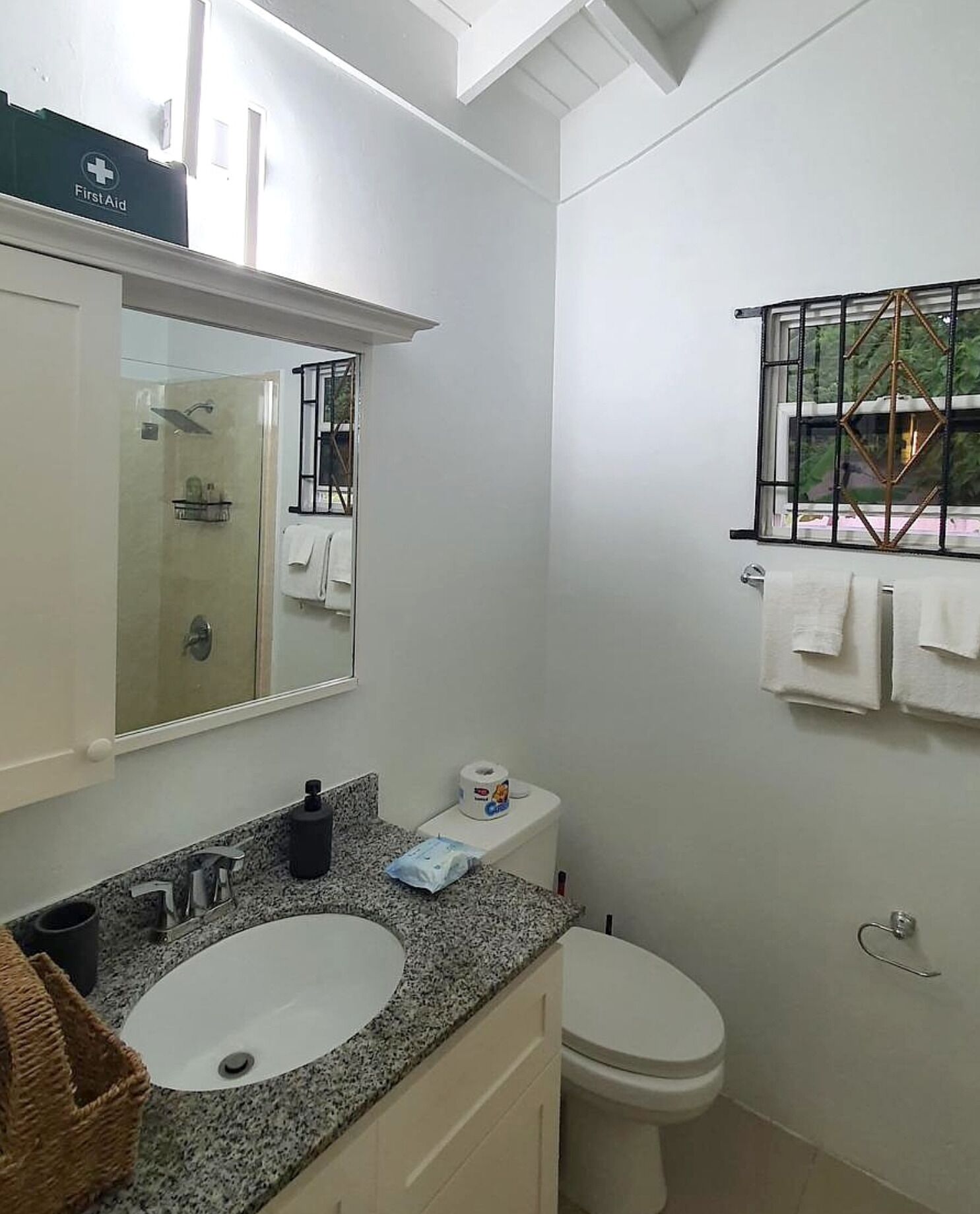 A bathroom with a granite countertop sink, a toilet, a first aid kit, and a window with a metal grid.