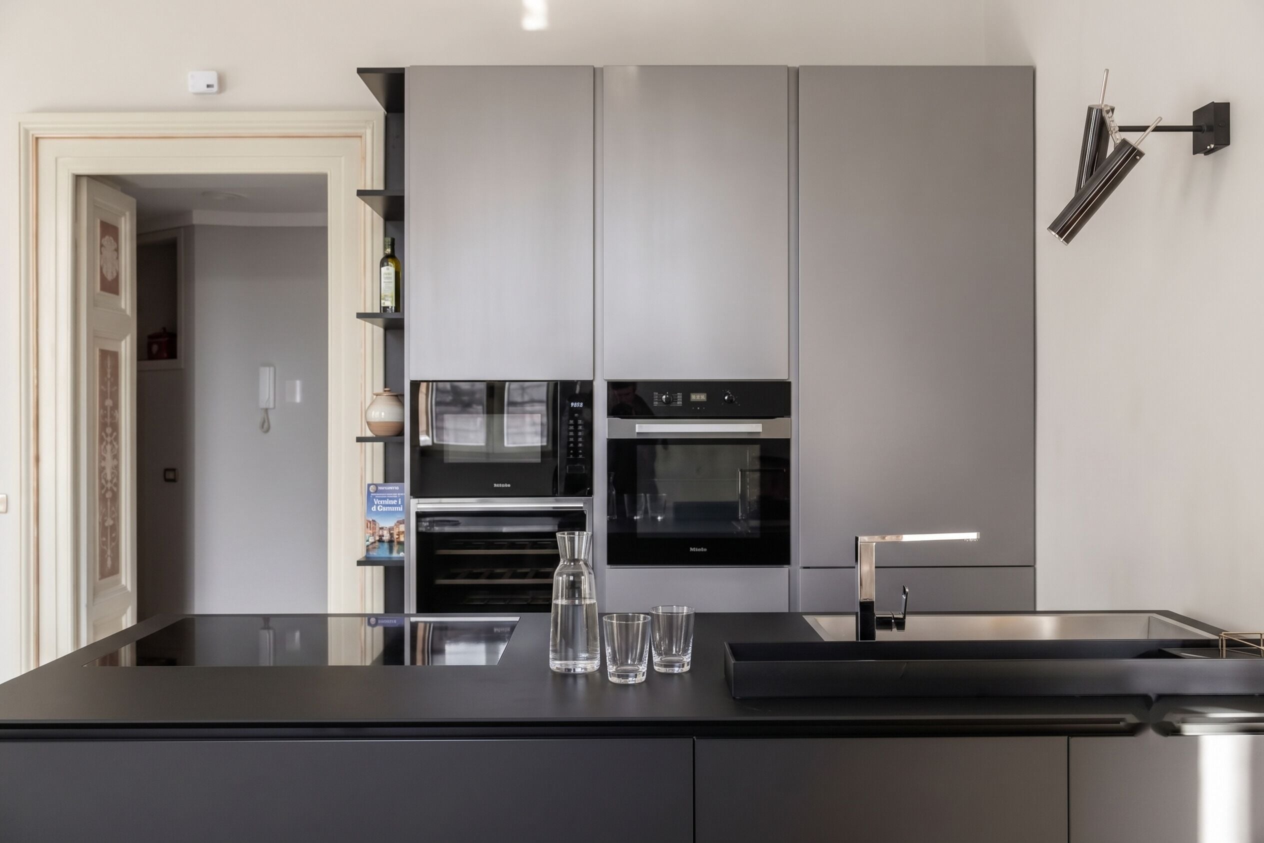 Espresso maker, coffee/tea maker, full-size fridge, microwave