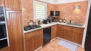 Cocina con armarios de madera, microondas, estufa y lavamanos.