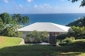 Une maison avec un toit en pente, entourée d’une végétation luxuriante et offrant une vue sur l’océan.