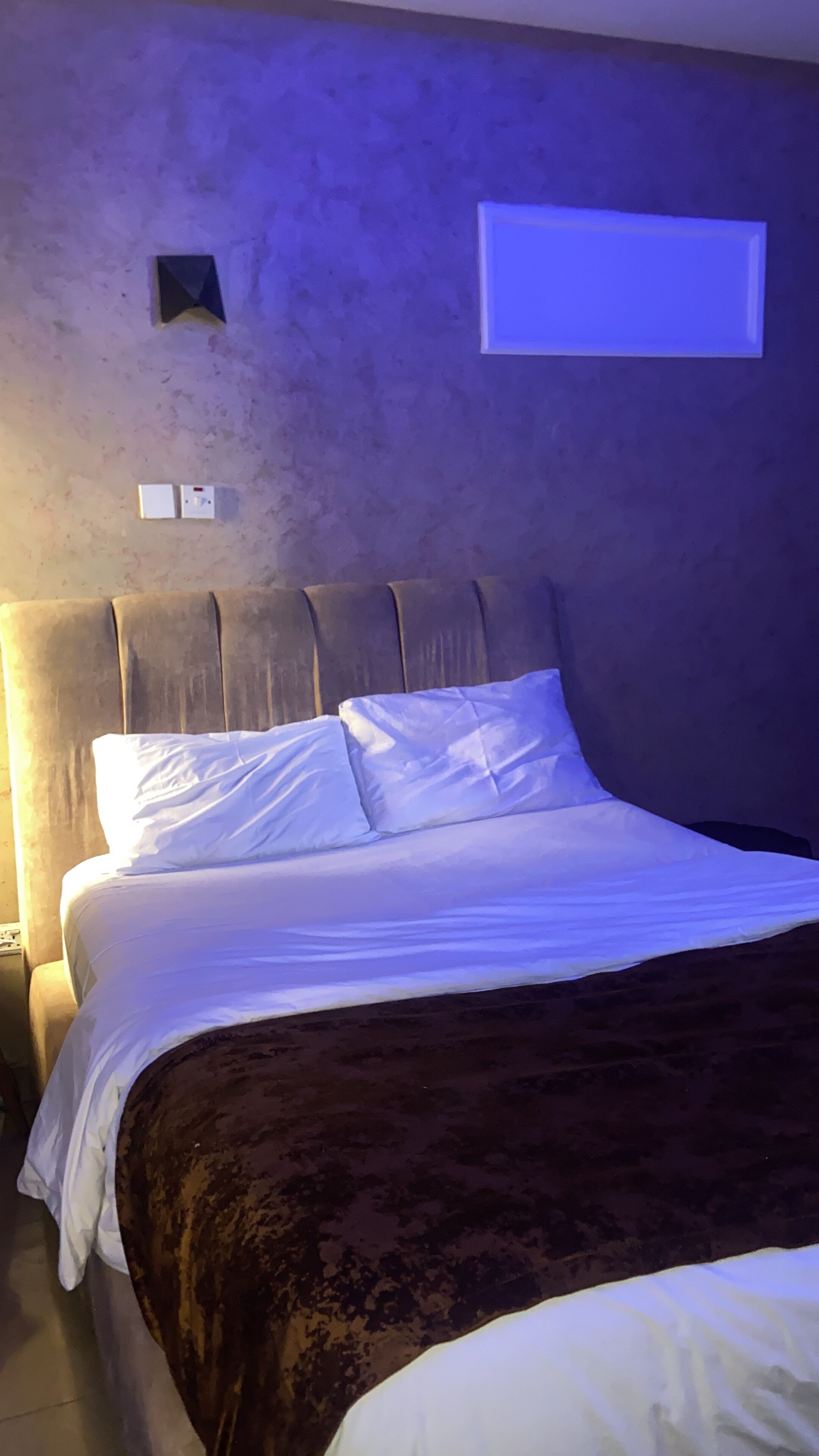 A bedroom with a bed, a headboard, a wall-mounted light, and a power outlet.