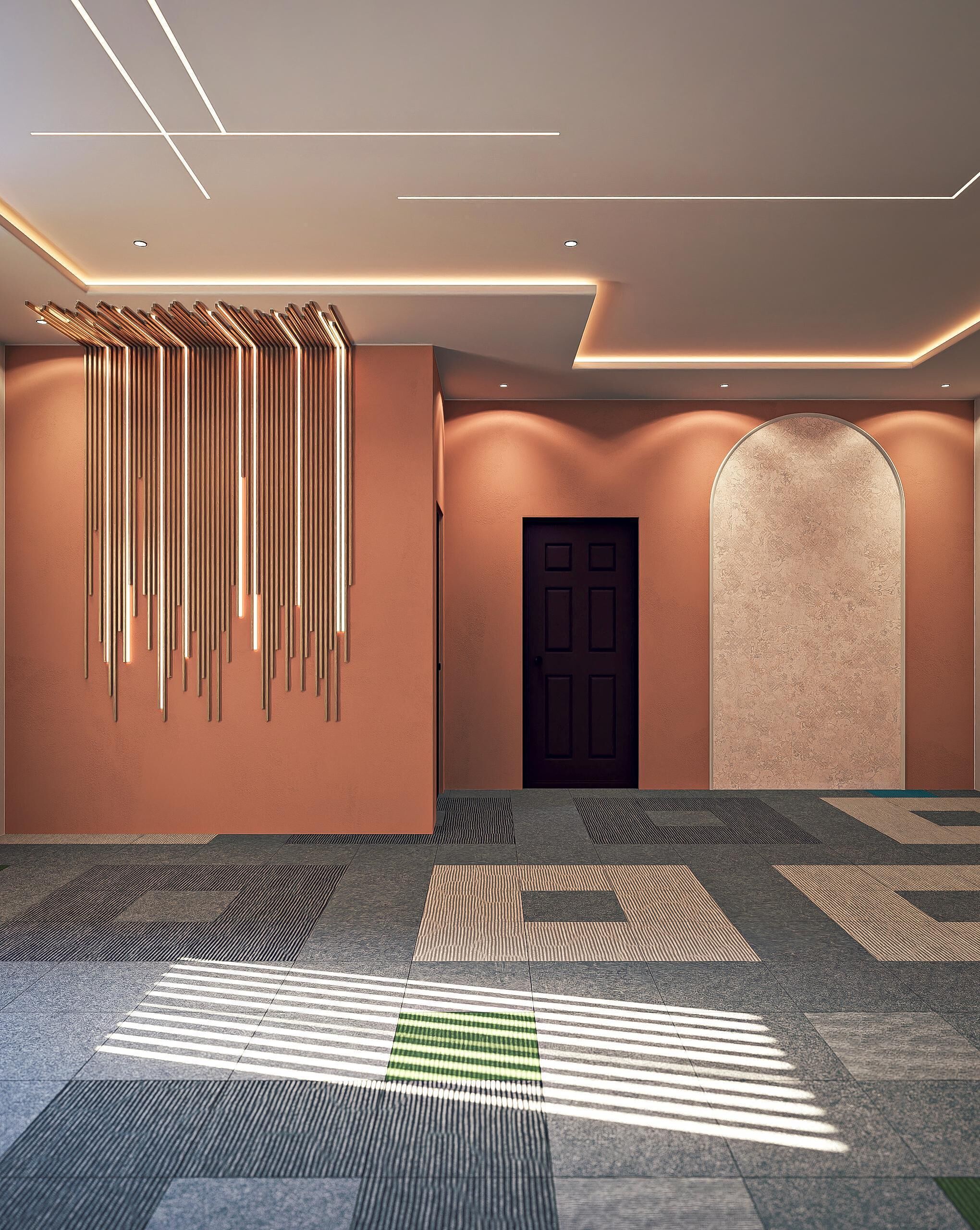 A modern interior with a patterned floor, a wall-mounted light fixture, and a door with a textured wall.