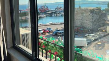Vista desde una ventana con balcón, con vista a un puerto deportivo con barcos y una costa lejana.