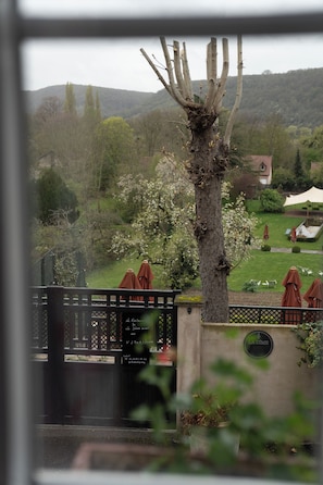 A view of a garden with a tree, a fence, and a building in the background.