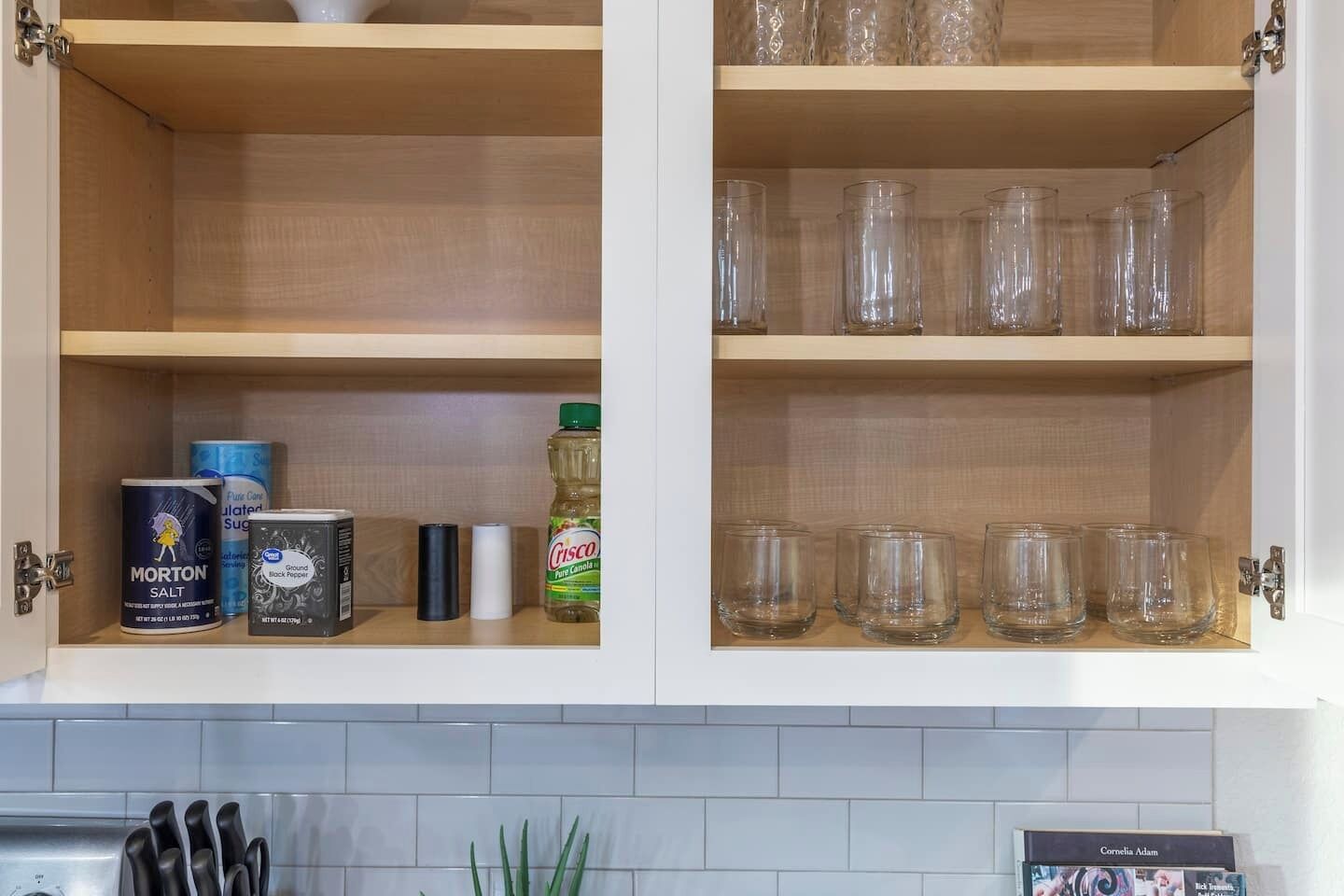 A kitchen cabinet with shelves containing salt, pepper, and a bottle of oil.