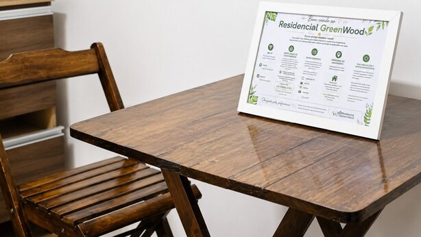 A wooden table with a sign detailing the features of Residential GreenWood.