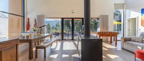 TV, fireplace, video games, table football