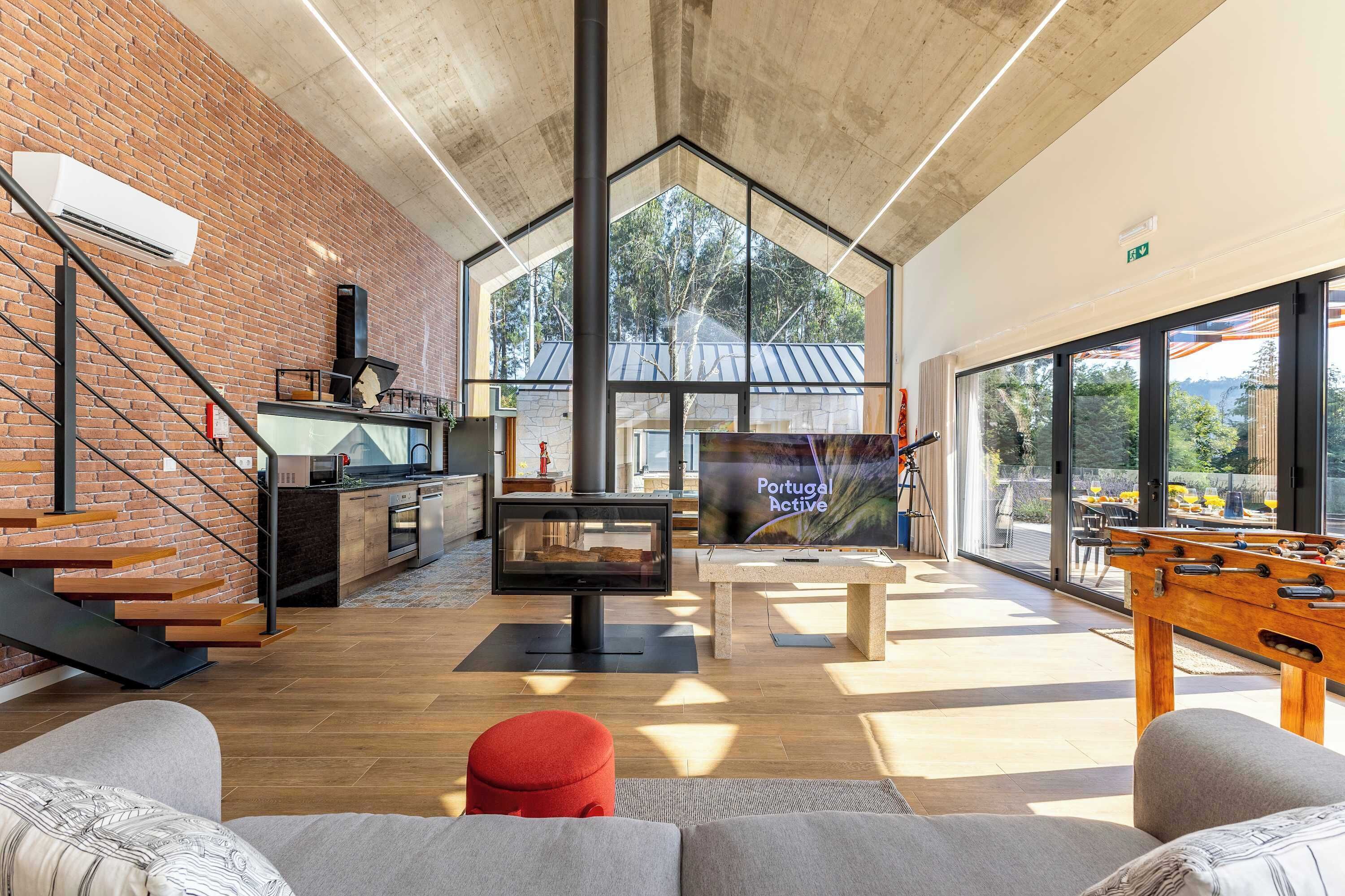 TV, fireplace, video games, foosball