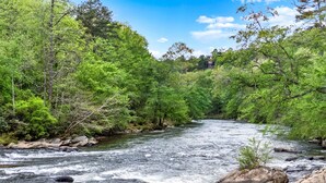 A river flowing through a forested area with rocks and trees.