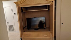 Ett rum med en tv-apparat placerad på ett träställ, en katt som sitter på stället och en dörr i bakgrunden.