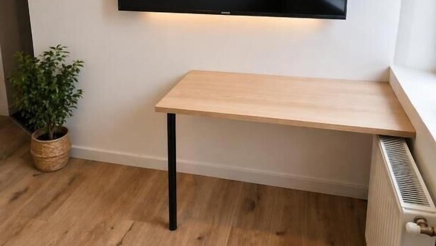 Une pièce équipée d’un téléviseur à écran plat fixé au mur, d’un bureau en bois, d’un radiateur et d’une plante en pot.