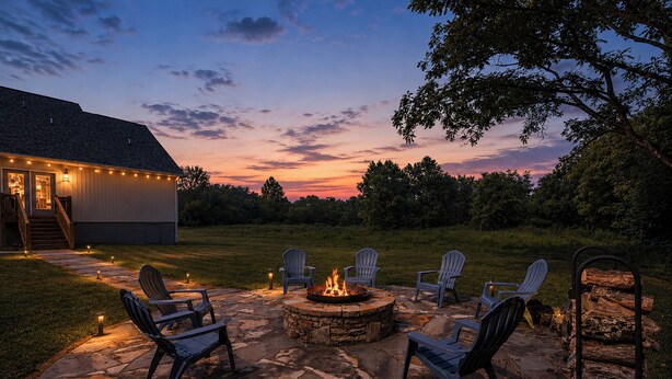 Ein Steinkamin mit umlaufenden Stühlen, eine Holzdielen-Terrasse und ein Haus mit Lichterketten.