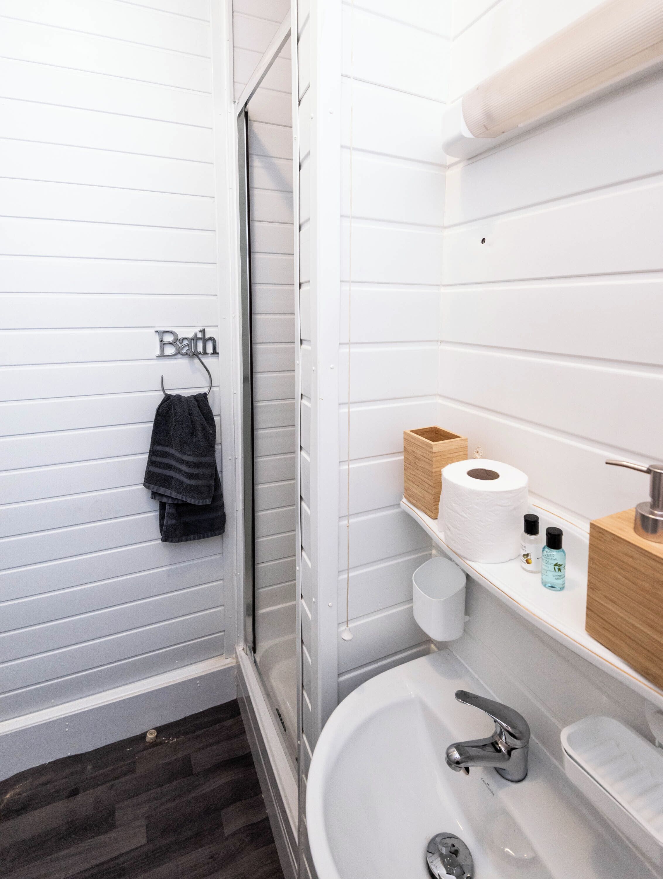 Shower, towels, toilet paper