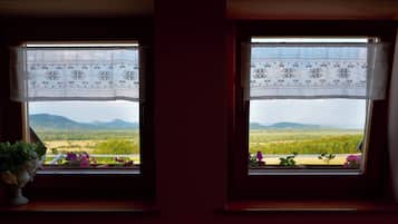 Dos ventanas con cortinas, cada una con vista a un paisaje de montañas y vegetación.