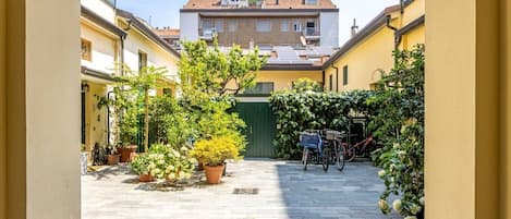 A courtyard with potted plants, bicycles, and a green gate.