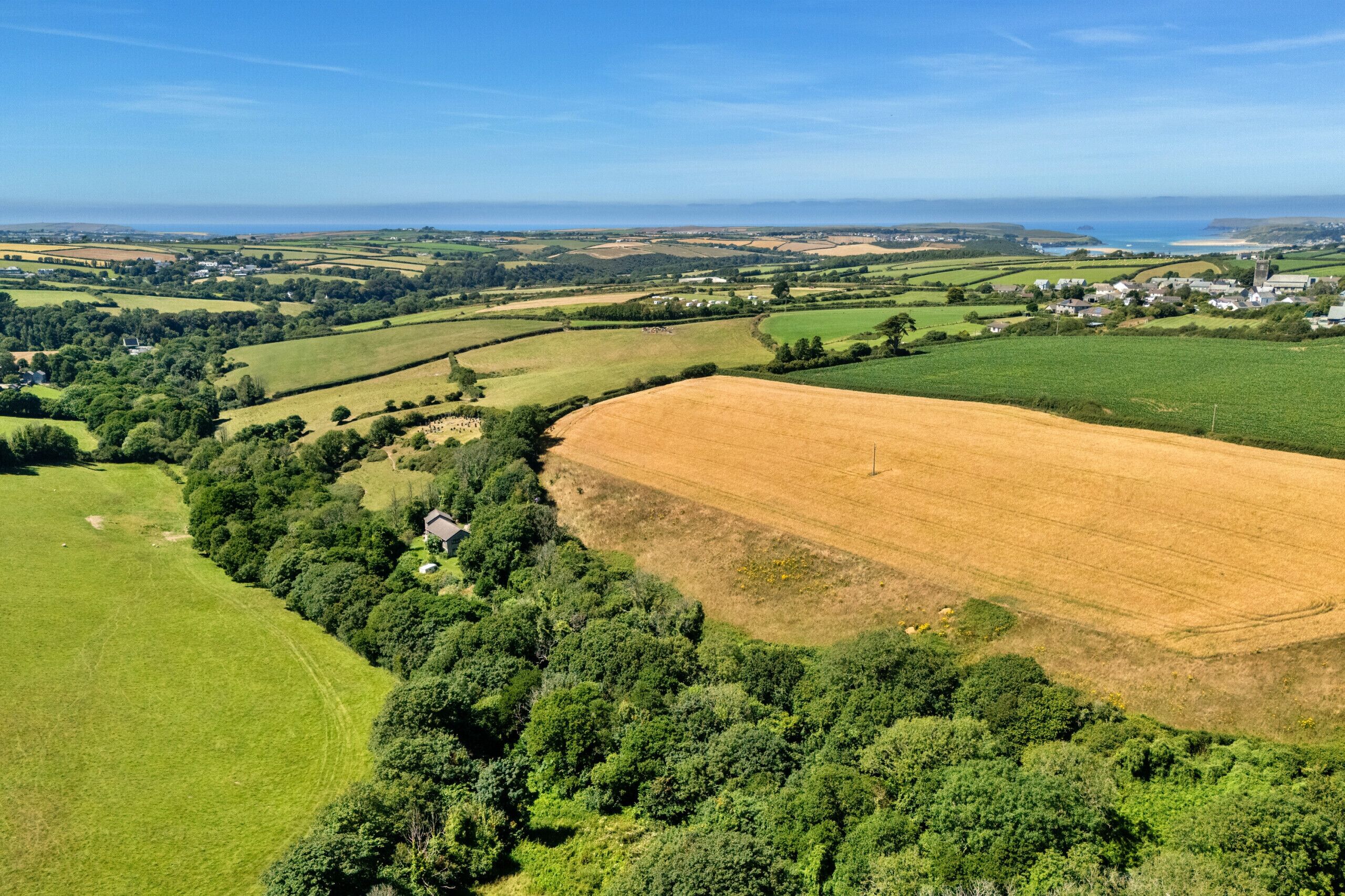 A rural landscape with fields, trees, and a distant village.